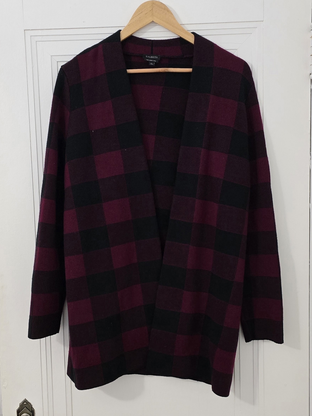 Talbots Burgundy & Black Buffalo Check Open Cardigan